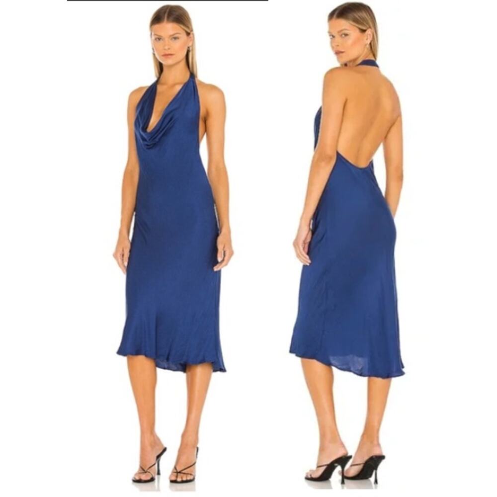 NWT Young Fabulous & Broke Satin‎ Halter A-Line Midi Dress Blue Women's Medium